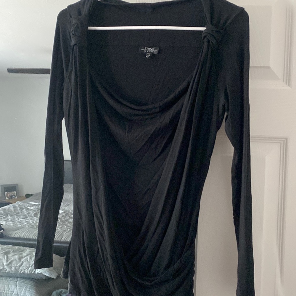 Shine black faux wrap blouse